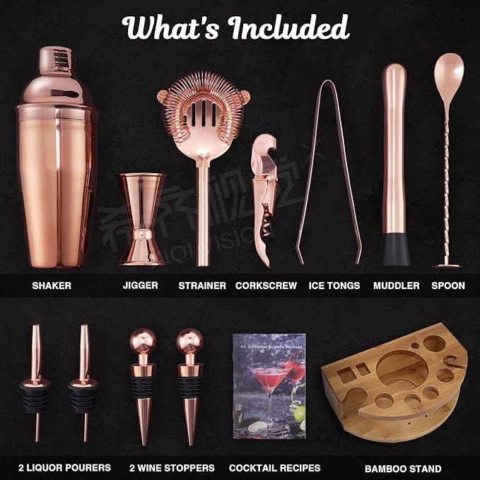 Bartender Kit with Bamboo Stand, 12 Piece 25oz Cocktail Shaker Set with All Essential Bar Tools Set for Drink Mixing, Ideal Gifts for Cocktail Lovers, Home Bar Bartending Kit with Cocktail Recipes