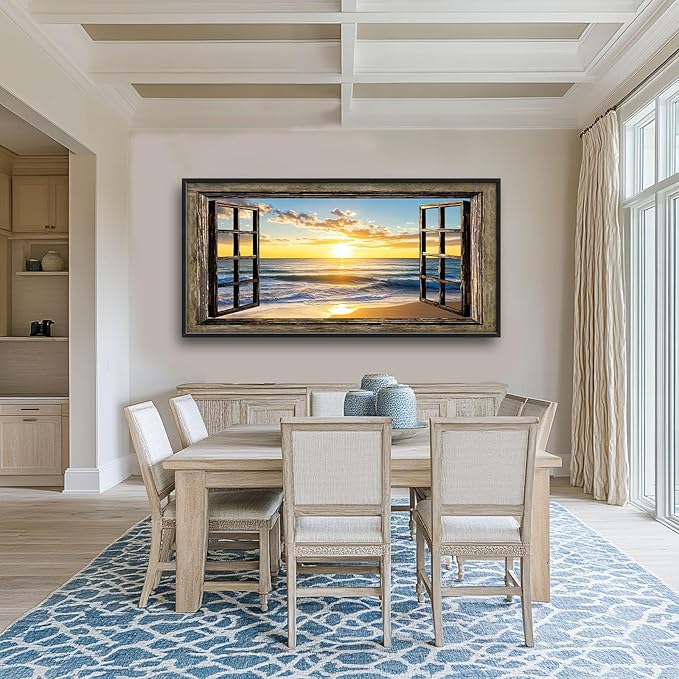 Beach Large Wall Art Sea Coastal Pictures Rustic Window Sunrise Wall Decor Canvas Print Painting Artwork for Bathroom Living Room Bedroom 60L" x 30W"