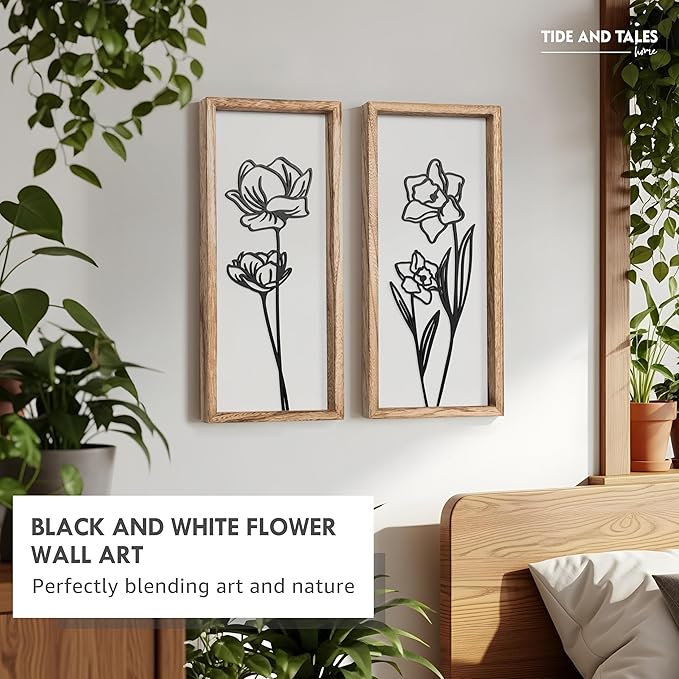 3D Black and White Wall Art (Set of 2) Lightweight, Wooden Ready-to-Hang Framed Floral Wall Art for Bathroom, Bedroom, Living Room or Office – Boho Botanical Farmhouse Decor – Gift-Boxed
