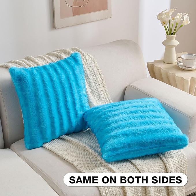 FUTEI Sky Blue Decorative Throw Pillow Covers 16x16 Inch Set of 2,Soft Fluffy Faux Mink Fur Dyeing Striped Textured Cushion Case,Modern Home Decor for Couch Bed Living Room