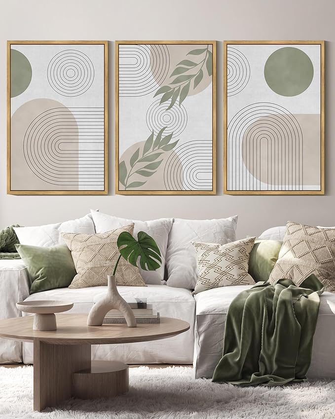 KUVIOKE Green Boho Framed Wall Art Modern Botanical Wall Printing Neutral Geometric Prints Bohemain Sage Decor Ready to Hang 16x24in (Natural Framed)