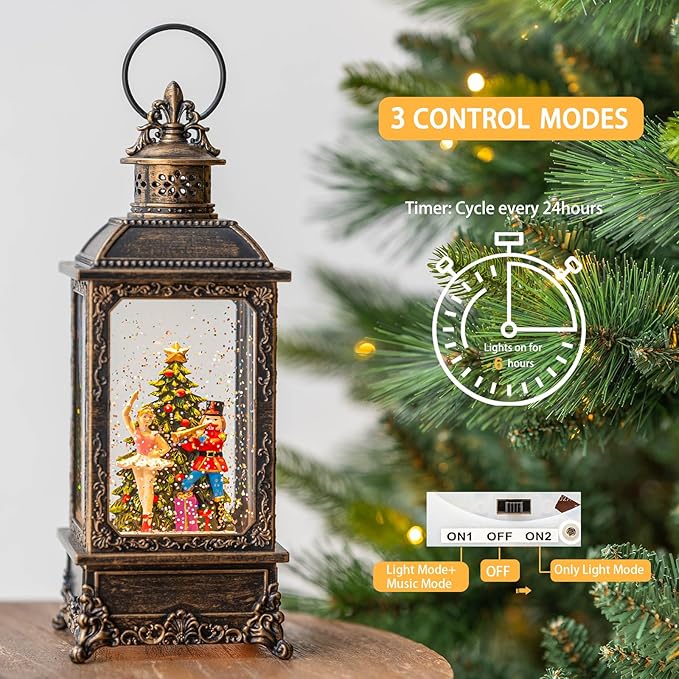 Christmas Snow Globe Lantern Water Glittering Nutcracker Ballerina with Music & Timer, USB Lined/Battery Operated Lighted Lantern for Christmas Festival Decoration Gifts