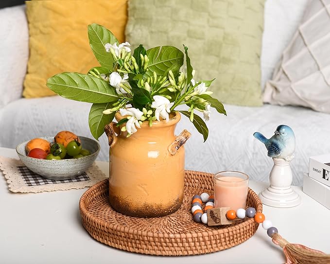 Quoowiit Ceramic Rustic Farmhouse Vase, Distressed Decorative Flower Vase for Home Decor, Ideal Shelf Decor, Yellow Boho Vases for Living Room Bedroom Kitchen Office Centerpiece Table Decorations