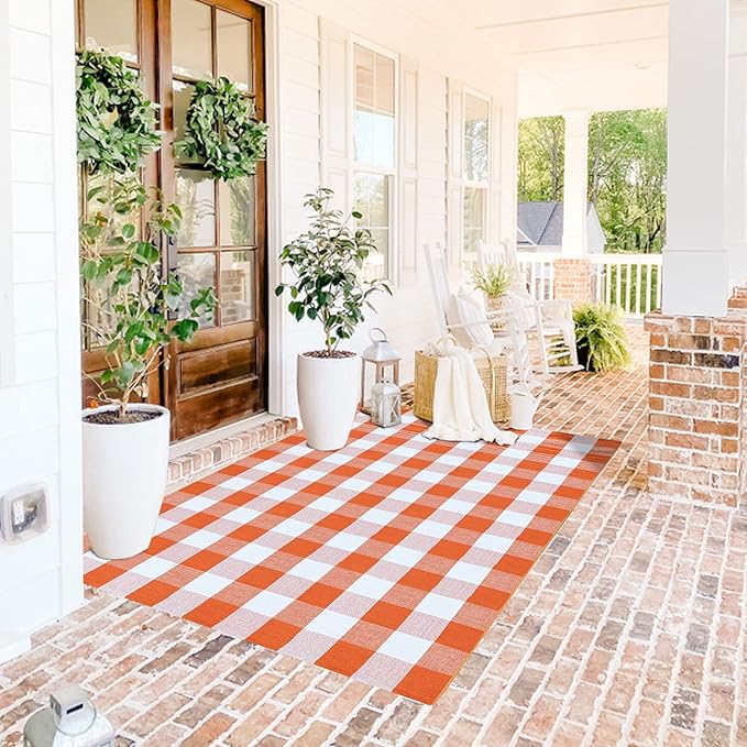 SEEKSEE Cotton Buffalo Plaid Rug 4'x6' Orange and White Checked Rug Washable Doormats Indoor Outdoor Rugs for Layered Front Door Mats, Porch, Kitchen, Farmhouse, Entryway