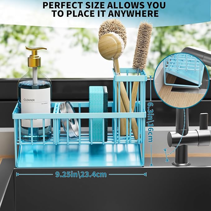 Cisily Blue Kitchen Sink Caddy Organzier with High Brush Holder, Sponge Holder for Sink, 304 Rustproof Stainless, Kitchen Countertop Soap Dispenser Organizer, Home Decor and Accessories