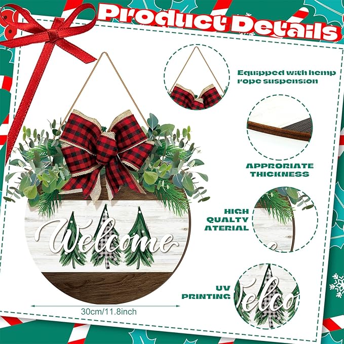 Boao Welcome Door Decoration Christmas Front Door Sign Christmas Tree Wooden Hanger with Bow Wreaths for Xmas Outdoor Farmhouse Porch Decor