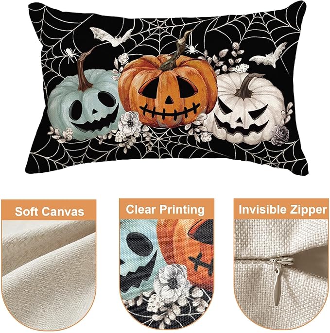 Baccessor Halloween Pillow Cover 12x20 Inch, Black Pumpkins Bats Spider Web Lumbar Pillow Case Halloween Decor for Cushion Sofa Couch Indoor Outdoor Decoration 1 Piece