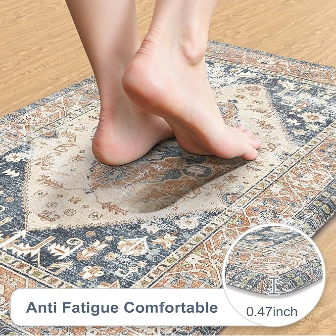 KIMODE Kitchen Rugs and Mats 2PCS Cushioned Anti Fatigue Kitchen Mat Non-Skid Waterproof Kitchen Runner Rug for Kitchen Decor,Floors,Office,Laundry,Blue and Gold