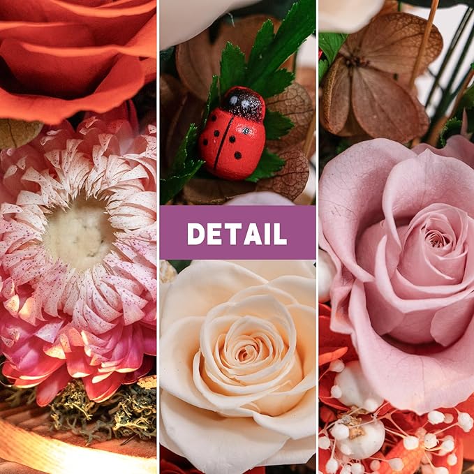 Forever Flowers with Symbolic Ladybugs: Preserved Flowers Gift for Women-Romantic Table Centerpiece-Valentines, Anniversary, Mom Gifts for Her-Flowers for Delivery Prime (Orange)