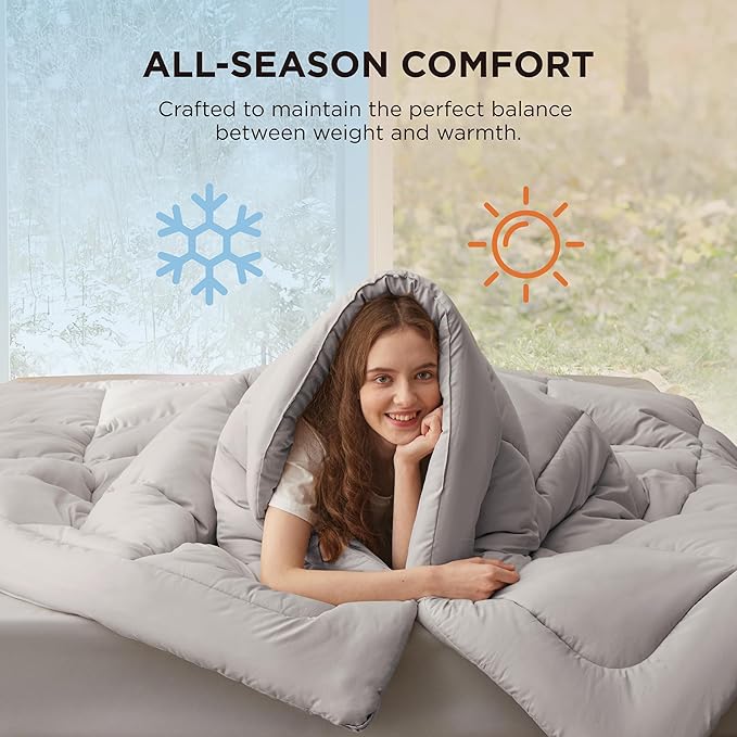 Bedsure Comforter Duvet Insert - Quilted Comforters Queen Size, All Season Duvet, GentleSoft Down Alternative Bedding, with 8 Tabs, Gifts for Women/Men, Light Grey, Queen 88 x 88 Inches