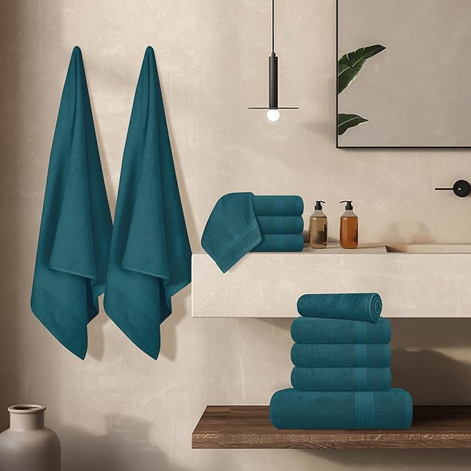 GLAMBURG Ultra Soft 24-Piece Towel Set - 100% Pure Ringspun Cotton, Contains 8 Oversized Bath Towels 27x54, 8 Hand Towels 16x28, 8 Wash Cloths 13x13 - Ideal for Everyday use, Hotel & Spa - Teal