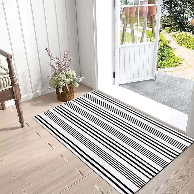 OJIA Black and White Outdoor Rug 2'x4.3', Fall Door Mats Outdoor Cotton Woven Halloween Doormat Front Porch Rug Machine Washable Indoor Door Mat Entryway Striped Rugs for Farmhouse/Kitchen