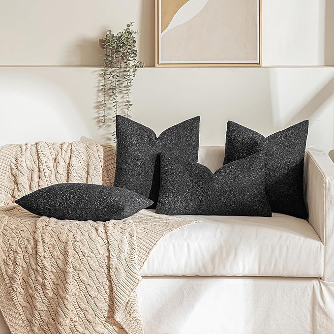 MIULEE 24x24 Decorative Euro Sham Throw Pillows for Bed Set of 2 Textured Boucle Neutral Throw Pillow Coverss Halloween Black Accent Solid Couch Pillowcase Cozy Soft Sofa Livingroom Home Decor