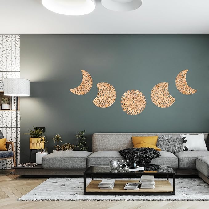 PEMAR Woven Moon Phase Wall Decor - 5-Piece Set of Natural Water Hyacinth Art for Boho & Rustic Homes