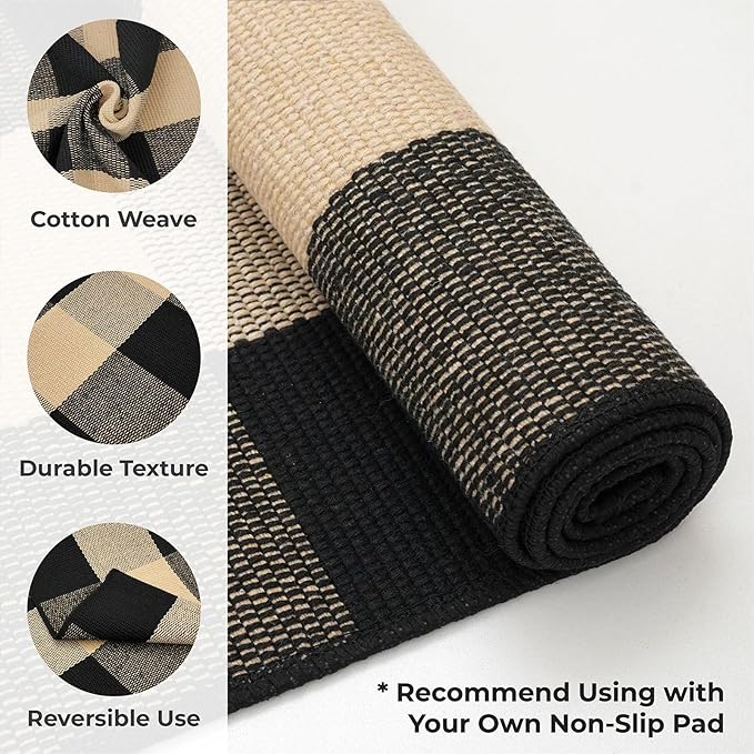 KOZYFLY Buffalo Plaid Area Rugs 27.5x43 Inches Brown and Black Checkered Rug Washable Front Door Mat Hand Woven Cotton Outdoor Rugs Small Rug for Front Porch Kitchen Entryway Patio Bathroom