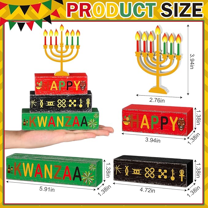 Geelin 4 Pcs Kwanzaa Wooden Table Centerpiece Set Wooden African Heritage Tiered Tray Decor Happy Kwanzaa Home Decor for Holiday Party Supplies