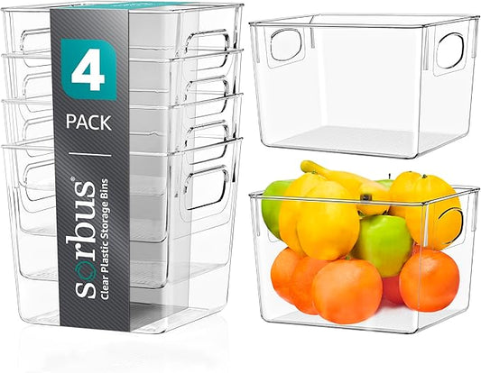 Sorbus Medium Clear Plastic Storage Bins for Shelves, Clothes, with Handle - Clear Storage Bins, Drawer, Shelf, Closet, Pantry, Fridge, Freezer Organizer Bins, Closet Organizers and Storage (4 pack)
