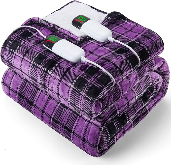 Heated Electric Blanket Queen Size, 84X90 Heating Blanket Queen with Dual Control&10 Heats Levels&Timer for Bed,Purple Plaid Sherpa Soft Blankets Warmer Gift for Grandma Women Adults, Washable,ETL