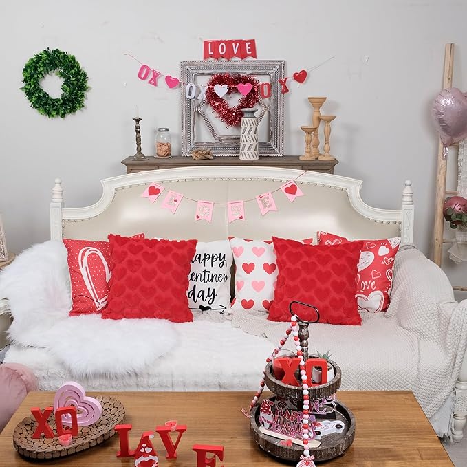 GEEORY Valentines Day Soft Plush Love Heart Pillow Covers, 18 x 18 Inch Set of 2, Faux Fur Wool Decorative Anniversary Cushion Case for Sofa Home Decoration Red GC010-18