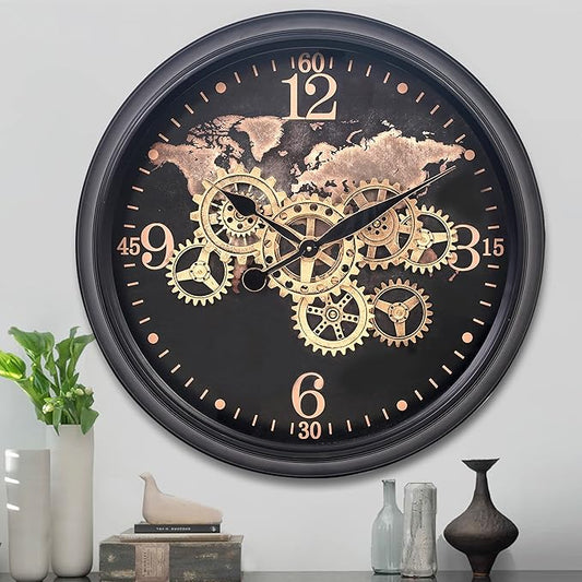 CLXEAST 24 Inch Moving Gear Wall Clock with World Map Pattern,Large Black Gold Metal Wall Clock for Modern Farmhouse Living Room Decor,Reloj De Pared para Sala