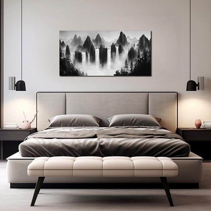 Mountain Pictures Wall Art for Bedroom Black and White Wall Decor for Living Room Waterfalls Wall Decor for Office 20 x 40 Inches