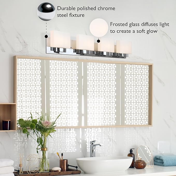 Design House Dove Creek Bathroom Light Fixtures - Traditional 4-Light Vanity Lights for Bathroom - Dimmable Vanity Lights with Frosted Glass – Polished Chrome, 589671