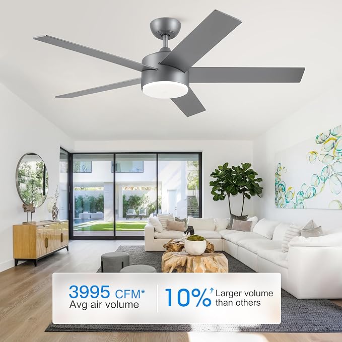 52 inch Ceiling Fans with Lights and Remote Control Silver, Modern Ceiling Fan Dimmable 3 CCT Temperatures 6-Speed, Quiet LED Ceiling Fan for Bedroom, Living Room