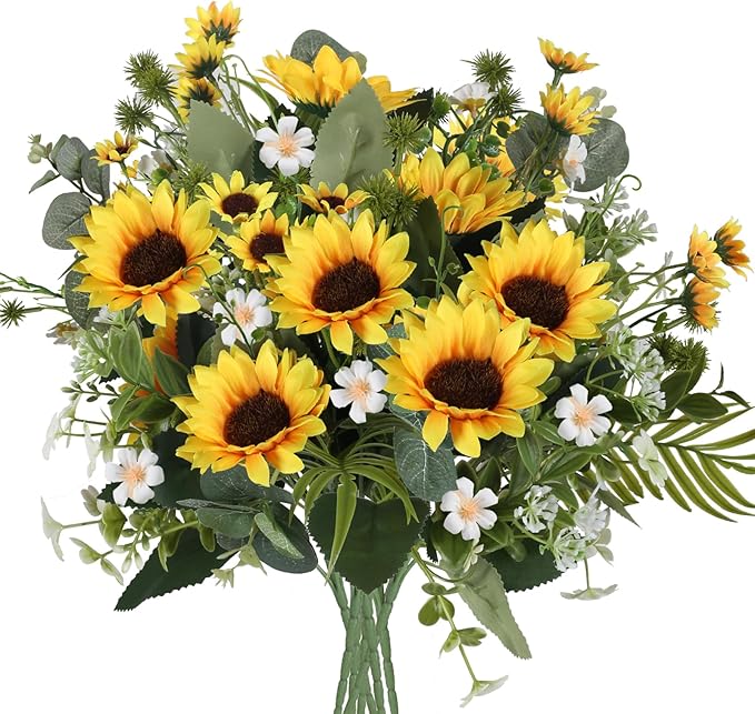 HUAESIN Artificial Flowers Fake Sunflowers 8 Bunches Silk Summer Flowers Faux Sunflower Arrangements for Table Centerpieces Home Kitchen Office Windowsill Hanging Wedding Decor