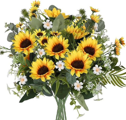 HUAESIN Artificial Flowers Fake Sunflowers 8 Bunches Silk Summer Flowers Faux Sunflower Arrangements for Table Centerpieces Home Kitchen Office Windowsill Hanging Wedding Decor