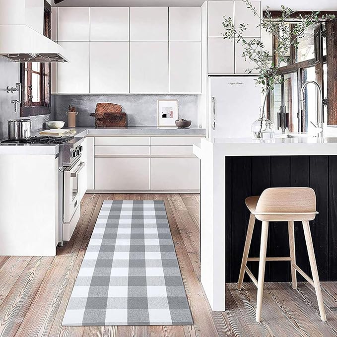 KOZYFLY Buffalo Plaid Rug 2x6 Ft Grey and White Runners for Hallways Washable Checkered Rug Cotton Kitchen Runner Carpet Runner Rugs for Entryway Bedroom Living Room