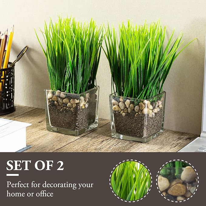 MyGift Artificial Grass Plants in Modern Square Clear Glass Pots with Faux Pebbles and Soil, Decorative Potted Greenery Plant in Tabletop Planter, Set of 2