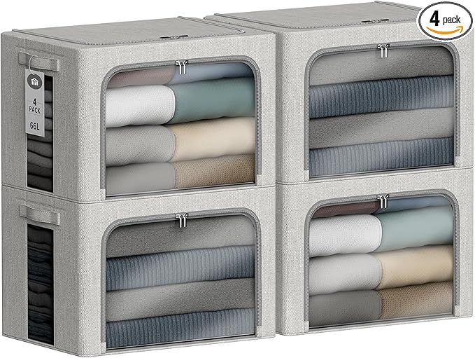 4 Pack Clothes Storage Bins with Metal Frame - 66L Stackable Storage Box with Lid，Foldable Storage Container Organizer for Clothes，Linen Fabric Storage Box with Clear Window＆Zippers＆Handles