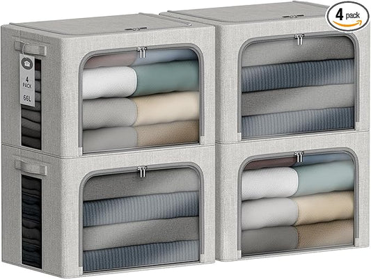 4 Pack Clothes Storage Bins with Metal Frame - 66L Stackable Storage Box with Lid，Foldable Storage Container Organizer for Clothes，Linen Fabric Storage Box with Clear Window＆Zippers＆Handles