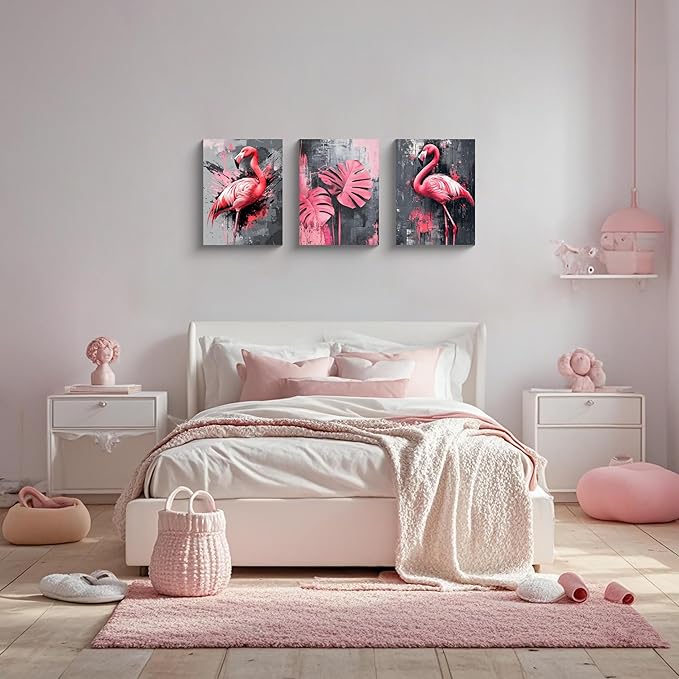NAN Wind 3PCS Pink Flamingo Wall Art Modern Tropical Monstera Leaves Canvas Print Palm Leaf Bird Wall Decor Contemporary Botanical Print Nature-Inspired Artwork Living Room Decor Bedroom Home Office