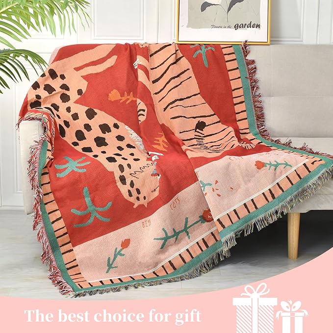 Boho Throw Blanket Reversible Cotton Bohemian Tapestry Hippie Room Decor Outdoor Blanket Double Sided (Boho Leopard 50"x60")