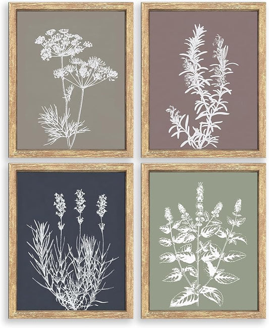 GUMEYJIA Boho Wall Art Set of 4 Framed Herb Prints Botanical White Floral Sketches with Gray and Sage Green Background Modern Farmhouse Decor Home Kitchen Wall Decor (11x14 in)