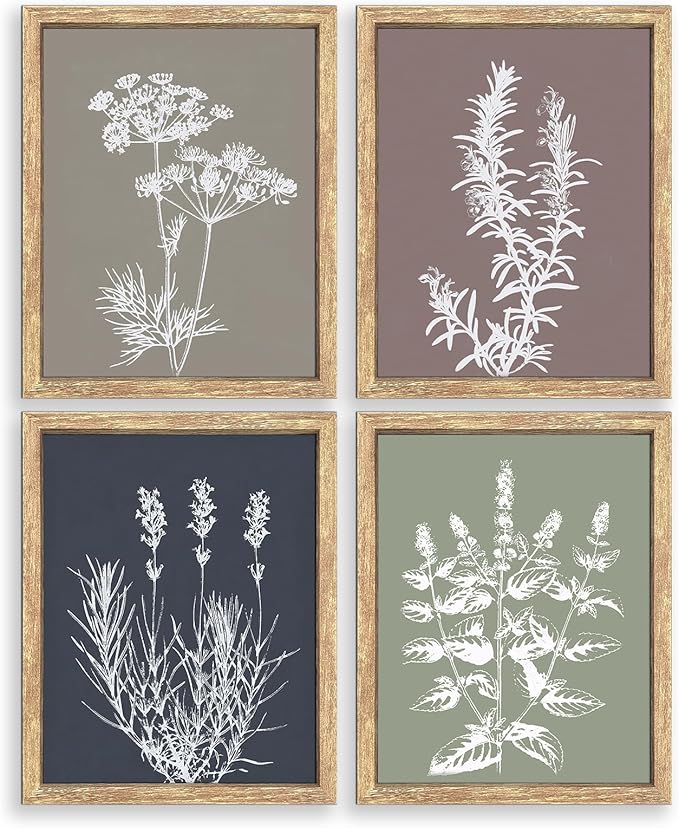 GUMEYJIA Boho Wall Art Set of 4 Framed Herb Prints Botanical White Floral Sketches with Gray and Sage Green Background Modern Farmhouse Decor Home Kitchen Wall Decor (8x10 in)