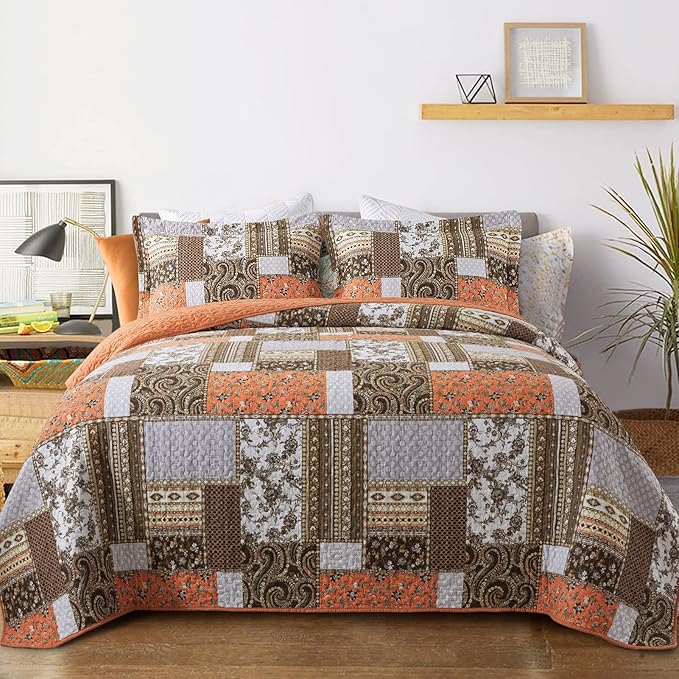 VAPUTAR Quilts King Size - Fall Cotton King Size Quilt Bedding Set, 3 Piece Lightweight Soft King Bedspreads Cotton Boho King Quilt Set, Floral Bedding Set for Farmhouse Bedroom (Dream Orange)