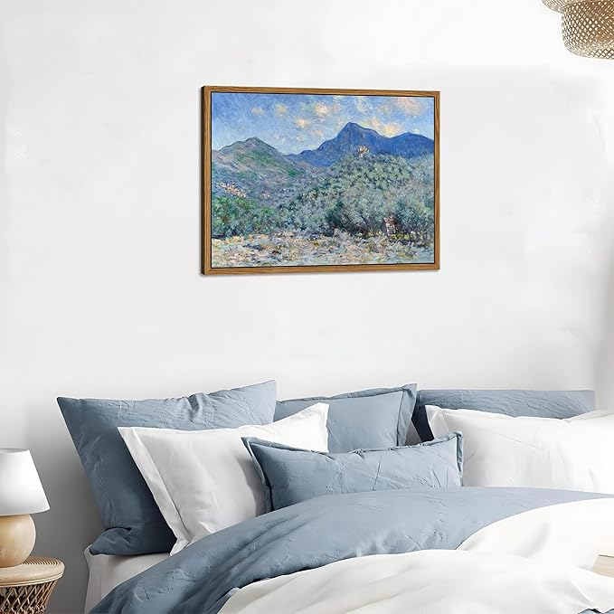 Vintage Framed Monet Wall Art – Impressionist Blue Green Forest Oil Painting Canvas Prints – Tranquil Nature Hillside Landscape Aesthetic Wall Decor for Living Room Bedroom Bathroom – 12"x16"