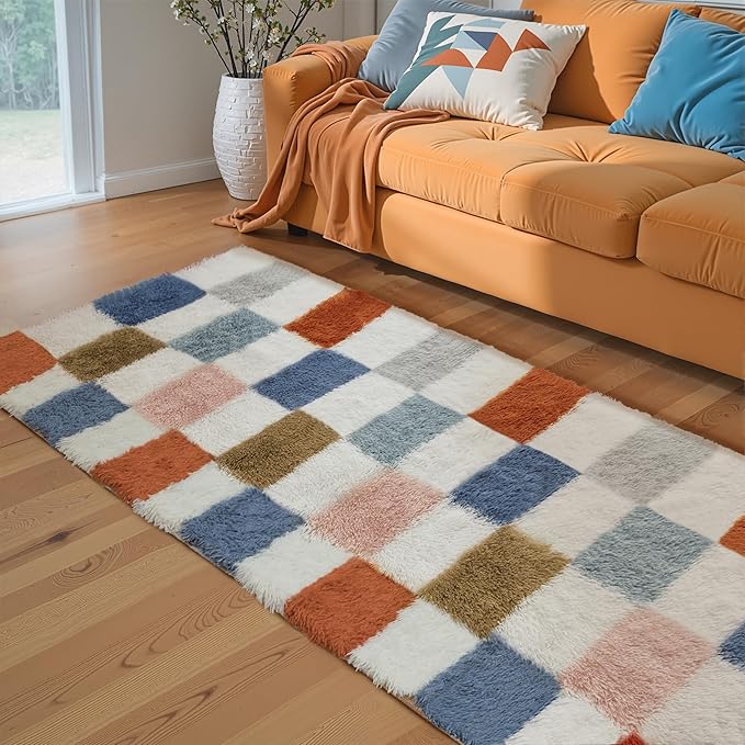 Checkered Area Rug 2x6 for Bedroom, Modern Rainbow Shag Rug Super Soft Runner Carpet Washable Fluffy Rugs for Living Room Bedside Sofa Home Dorm Decor Aesthetic