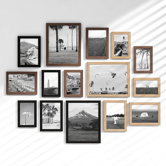 15 Pack Picture Frames Collage Wall Decor, Gallery Frame Set for Wall Mounting or Tabletop Display, Multi Sizes Including 3pcs 8x10, 6pcs 5x7, 6pcs 4x6, Black+Oak+Walnut
