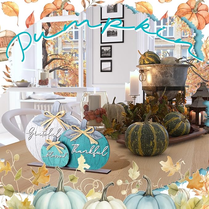 Soaoo Fall Pumpkin Table Decorations Wooden Thankful Blessed Centerpiece Autumn Grateful Tabletop Decor Farmhouse Harvest Pumpkin Block Signs for Party Rustic Table Shelf Decor Home(Novel)