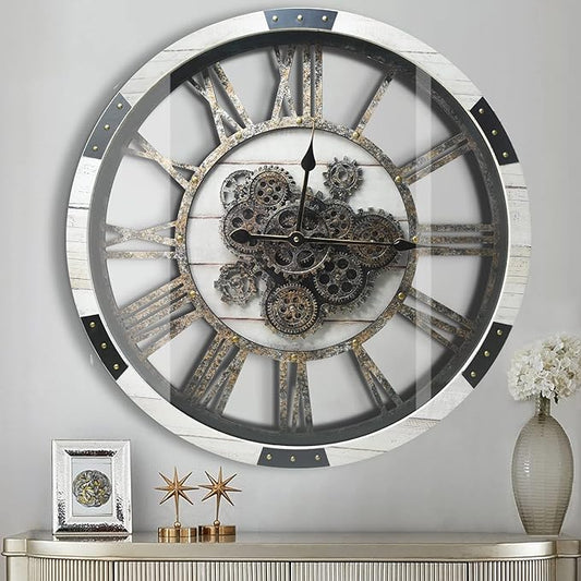 27" Large Real Moving Gears Wall Clock with Toughened Glass Cover Solid Wood Retro Metal Skeleton Oversized Vintage Steampunk Rustic Clock for Living Room Decor Home Farmhouse Kitchen(Desert Beige)