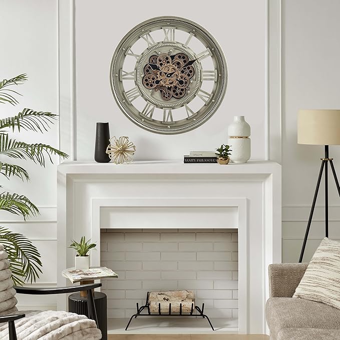 CLXEAST 24 Inch Wall Clock with Moving Gears, Oversized Large Roman Numeral Wall Clocks for Living Room Decor,Antique Champagne Finish,House Warming Gifts New Home