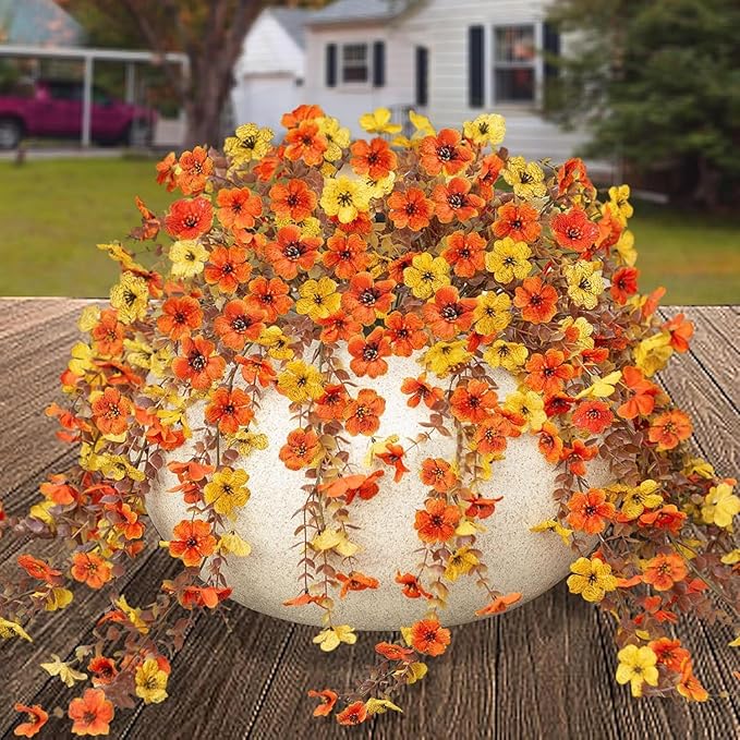 Fall Artificial Hanging Flowers for Outdoor 2 Pcs Fake Hanging Plants Autumn Decor -UV Resistant Artifical Faux Flower Silk Flowers for Indoor Planter Porch Balcony Yard Decor (Orange+Yellow)