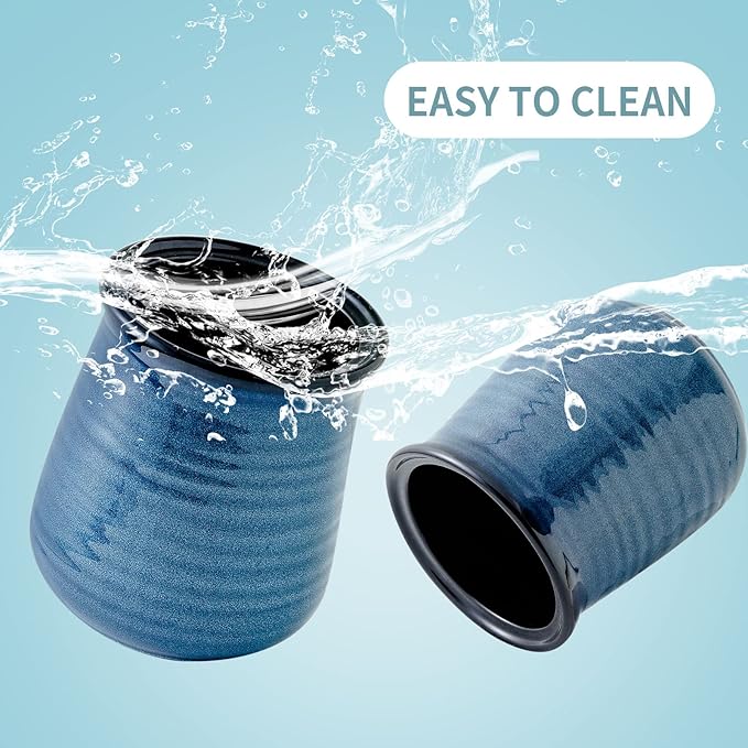 Hasense Extra Large Utensil Holder Crock for Kitchen Counter - 7.1” x 5.9” Vintage Farmhouse Blue Ceramic Caddy Utensil Organizer and Rustic Table Decor for Spatulas, Spoons, and Other Cooking Tools