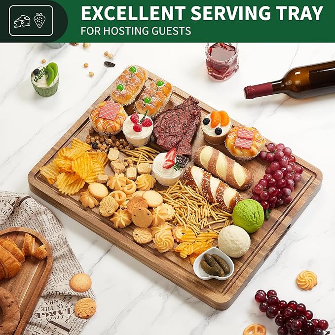 Garvee Acacia Wood Cutting Board for Kitchen, 20"x15"x1.38" Large Wooden Chopping Board, Reversible Wooden Butcher Block with Deep Juice Groove and Side Handle for Meat, Vegetables, Cheese, Fruit