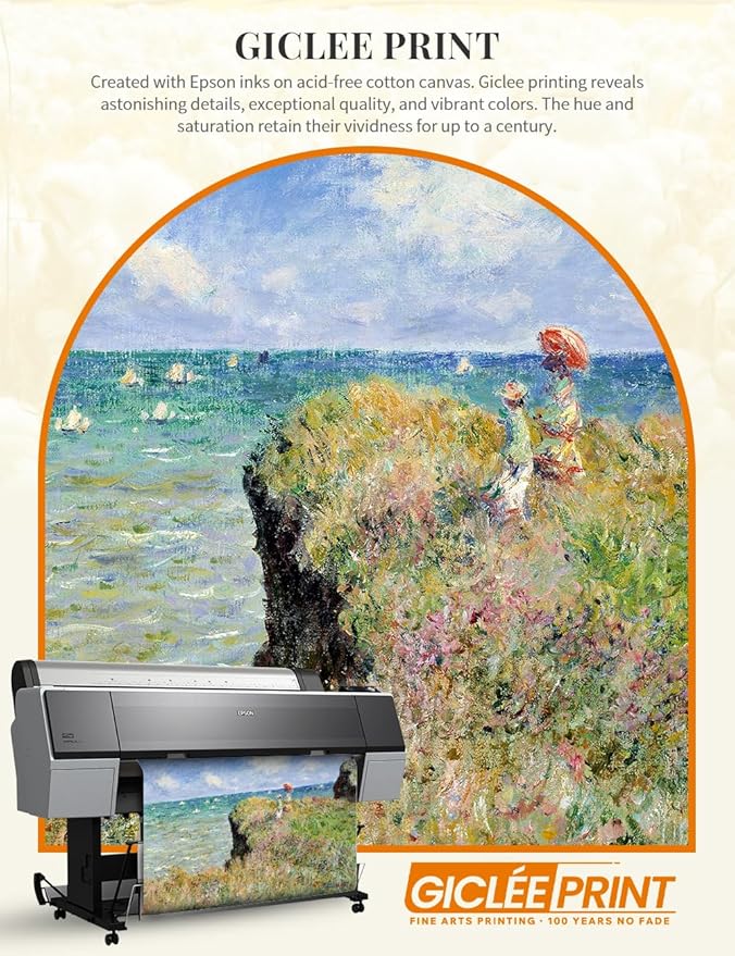 DECORARTS - Claude Monet The Cliff Walk At Pourville Giclee Print with Gold Solid Wood Frame, Impressionist Large Framed Wall Art, Ready to Hang, Framed Size 34.75x28.75, Made in USA