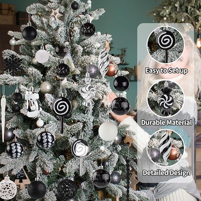 130 Pcs Christmas Ball Ornaments, Christmas Tree Decoration Set Red Christmas Ball Shatterproof Hanging Ornament Decorations for Christmas Tree, Wreaths, and Outdoor Displays (Black)