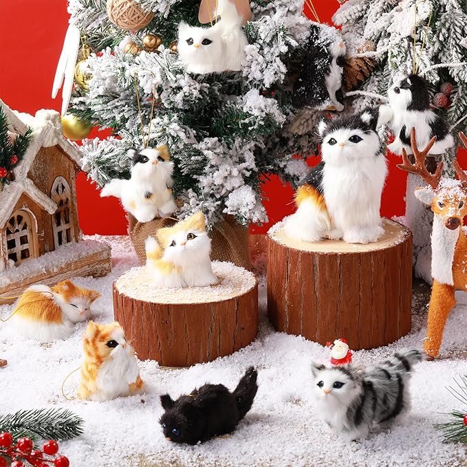 Skylety 10 Pieces Forest Animals Ornaments Woodland Animal Faux Fur Plush Hanging Ornaments Family Educational Playset for Fall, Christmas, Winter Birthday Party Supplies(Cats)